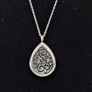 Silver Tone Stainless Steel Teardrop Swirl Essential Oil Pendant Necklace